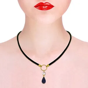 10.8 Carat 14K Solid Yellow Gold Leather Necklace Pearl Sapphire