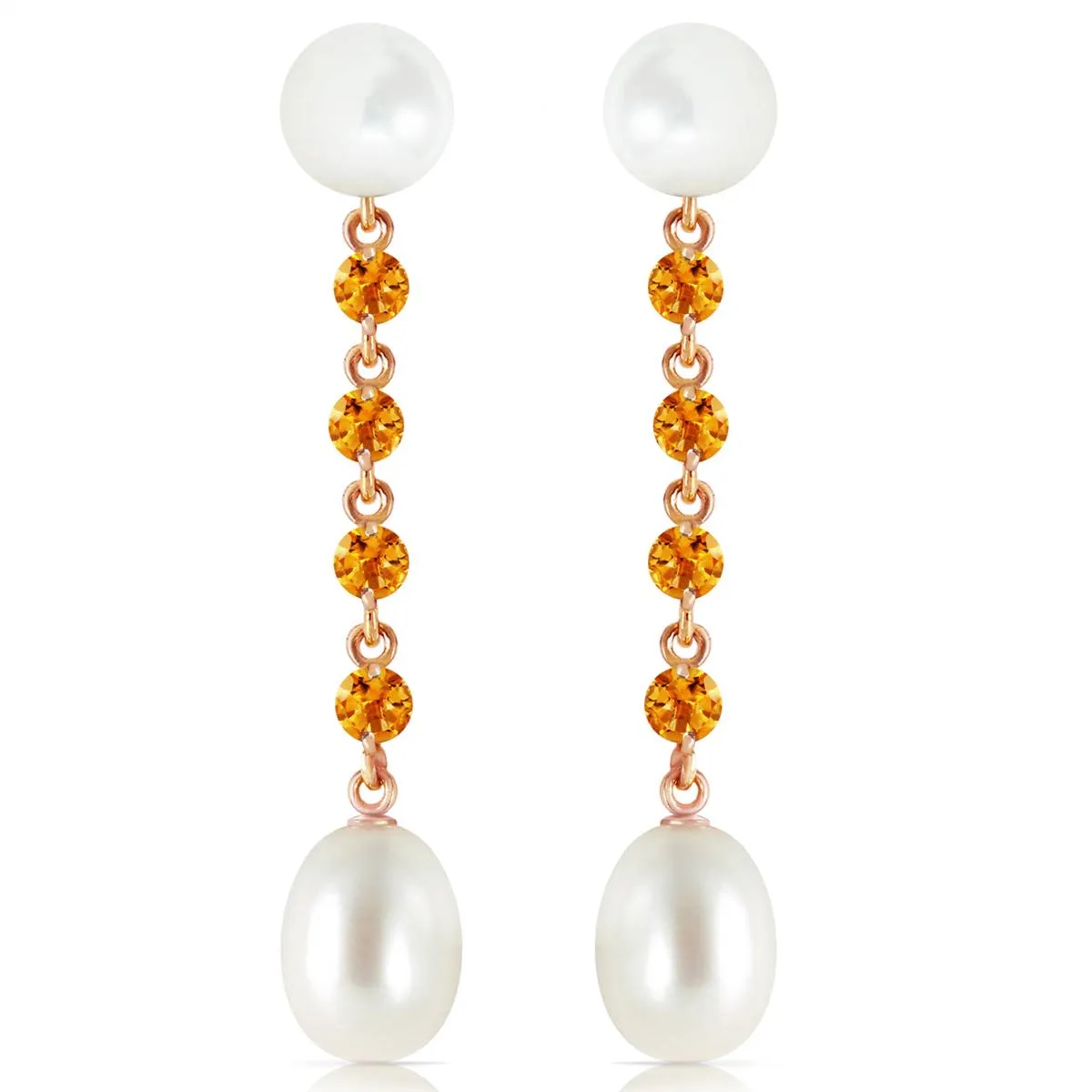 14K Solid Rose Gold Chandelier Citrine/Pearl Earrings