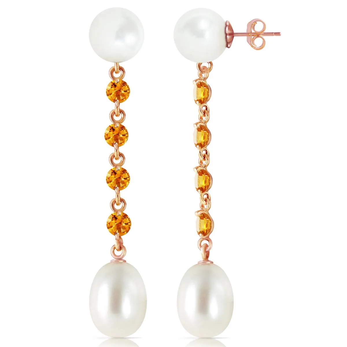 14K Solid Rose Gold Chandelier Citrine/Pearl Earrings