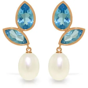 14K Solid Rose Gold Chandelier Earrings w/ Pearls & Blue Topaz