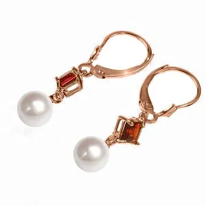 14K Solid Rose Gold Leverback Earrings Garnet & Pearl Jewelry