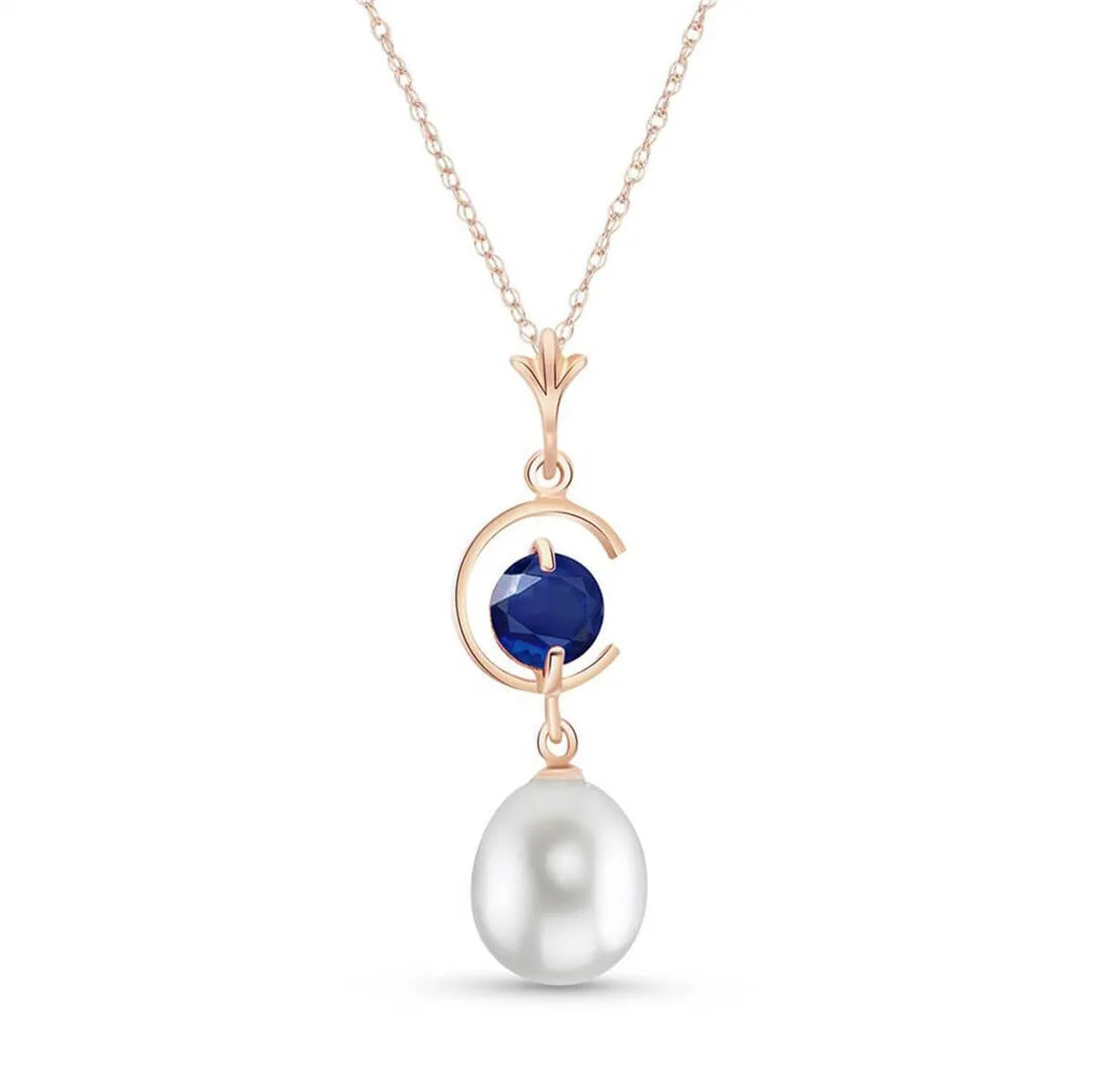 14K Solid Rose Gold Necklace w/ Natural Pearl & Sapphire