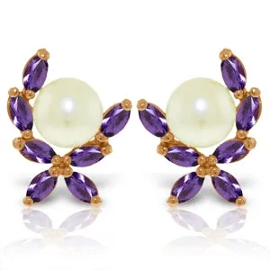 14K Solid Rose Gold Stud Earrings w/ Natural Amethyst & Pearls