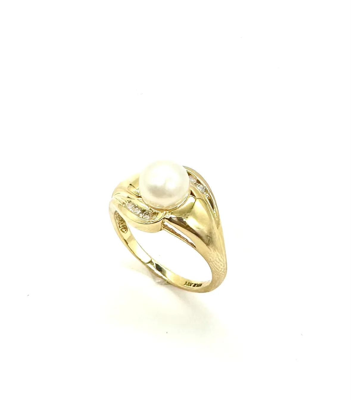 14K Yellow Gold Pearl Ring with Channel Set Diamond Accent Stones