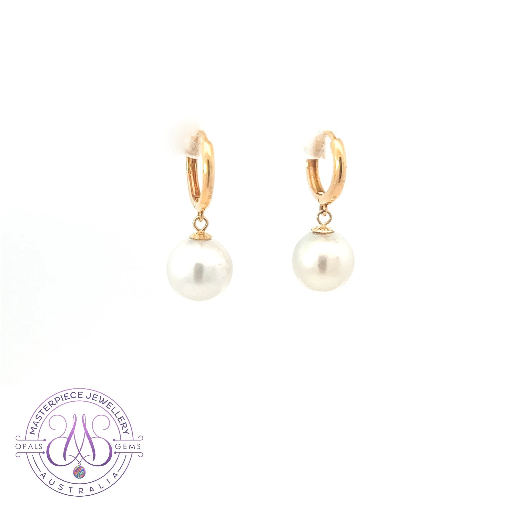 18kt Yellow Gold Huggie round dangling earrings 8-8.5mm South Sea White Pearls