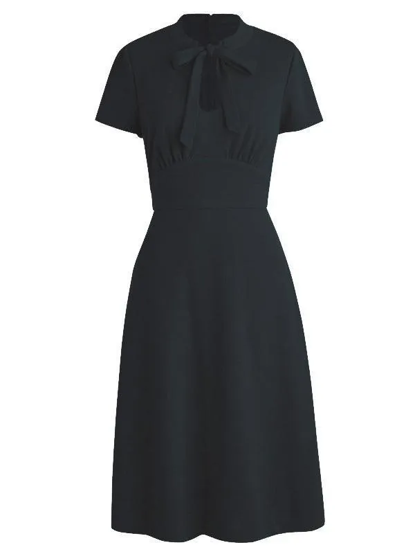 1940s Solid Front Pleated Bow Dress