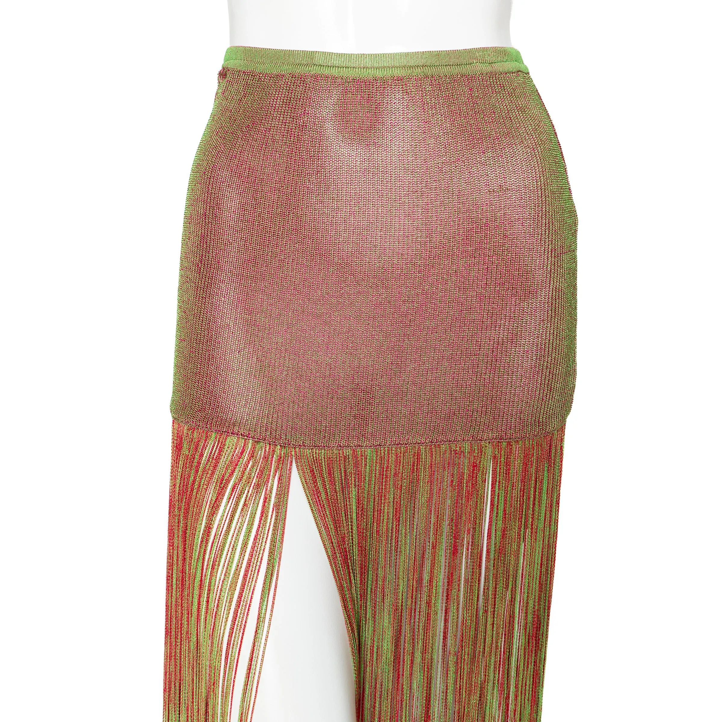 1980s Equator Red and Green Fringed Three-Piece Knit Top, Skirt, and Leggings Set