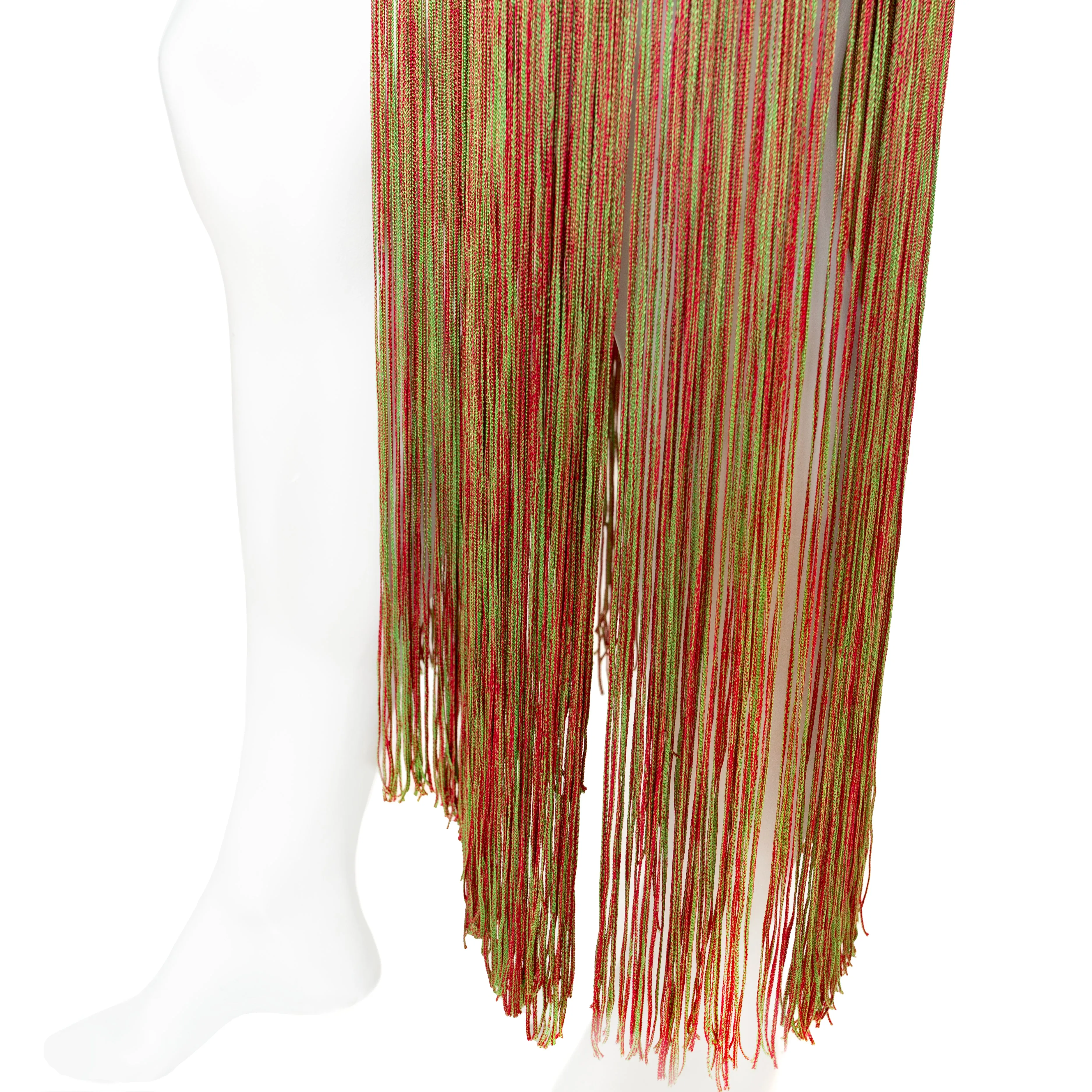 1980s Equator Red and Green Fringed Three-Piece Knit Top, Skirt, and Leggings Set