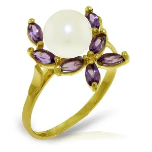 2.65 Carat 14K Solid Yellow Gold Ring Natural Amethyst Pearl