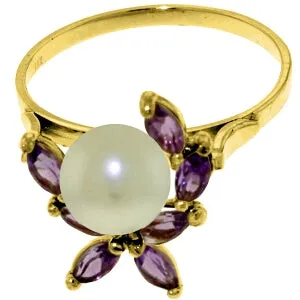 2.65 Carat 14K Solid Yellow Gold Ring Natural Amethyst Pearl