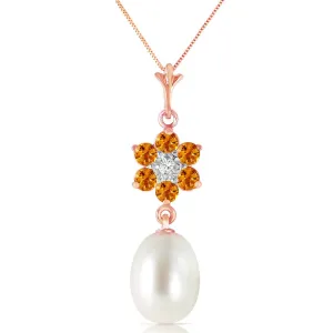 4.53 Carat 14K Solid Rose Gold Necklace Natural Pearl, Citrine Diamond