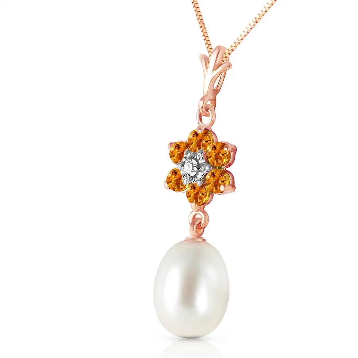 4.53 Carat 14K Solid Rose Gold Necklace Natural Pearl, Citrine Diamond