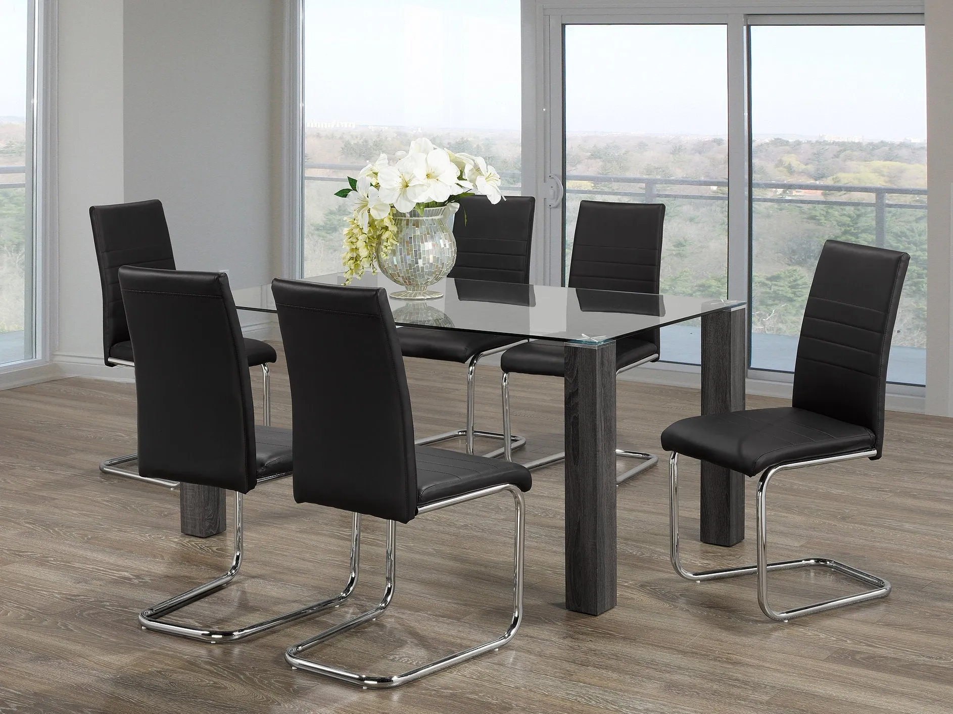 7 Piece Glass Dining Set with Grey Wooden Legs and Black PU Chairs