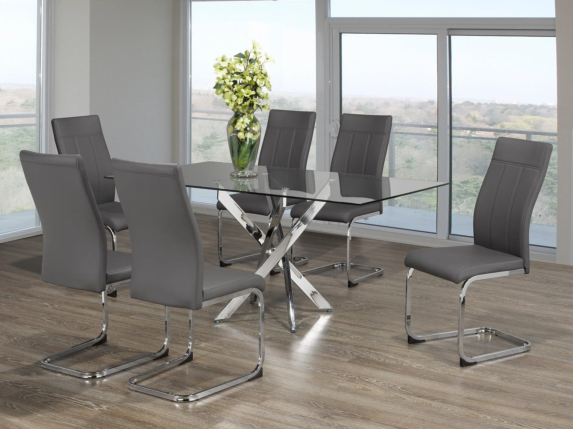 7 Piece Glass Dining Set with Swiveled Chrome Legs and Grey PU Chairs