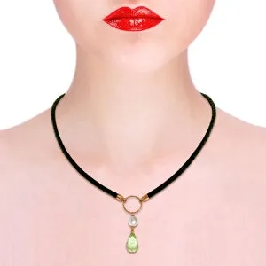 7.5 Carat 14K Solid Rose Gold Leather Necklace Pearl Green Amethyst