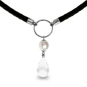 9 Carat 14K Solid White Gold Leather Necklace Pearl White Topaz