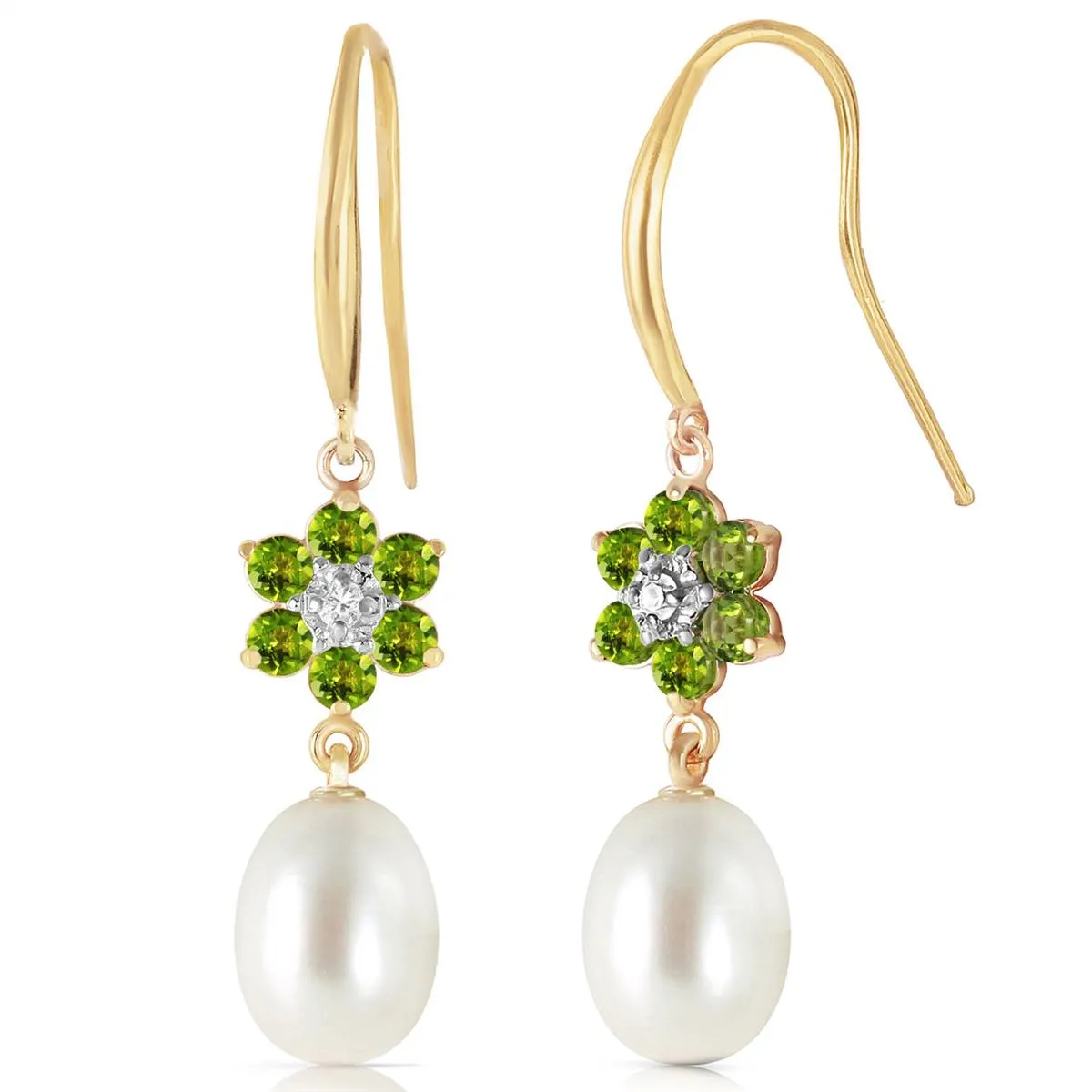 9.01 Carat 14K Solid Yellow Gold Fish Hook Earrings Diamond, Peridot Pearl