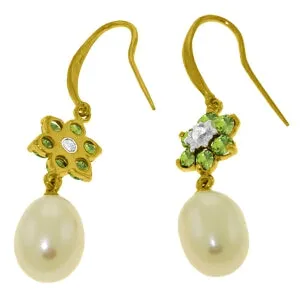 9.01 Carat 14K Solid Yellow Gold Fish Hook Earrings Diamond, Peridot Pearl