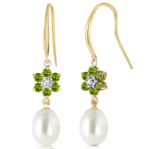 9.01 Carat 14K Solid Yellow Gold Fish Hook Earrings Diamond, Peridot Pearl