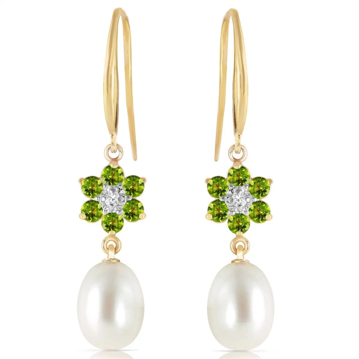 9.01 Carat 14K Solid Yellow Gold Fish Hook Earrings Diamond, Peridot Pearl