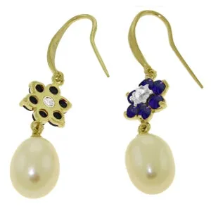 9.01 Carat 14K Solid Yellow Gold Fish Hook Earrings Diamond, Sapphire Pearl