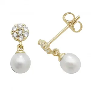 9ct Yellow Gold Pearl Zirconia Drop Earrings ES462