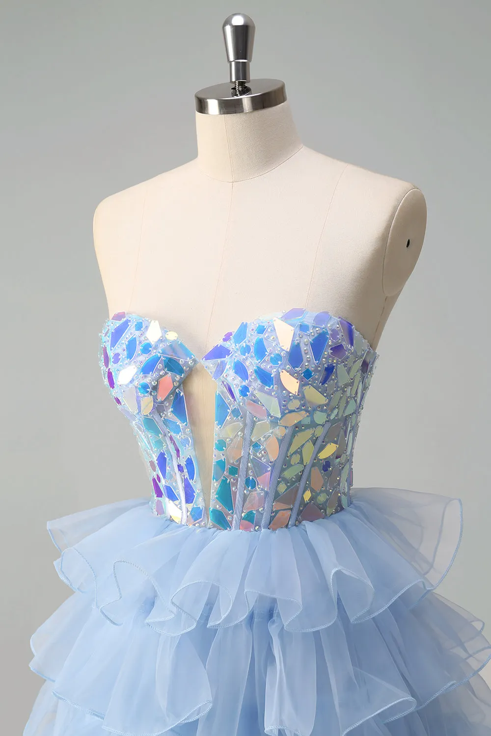 A Line Blue Tiered Tulle Corset Beading Mirror Strapless Prom Dress