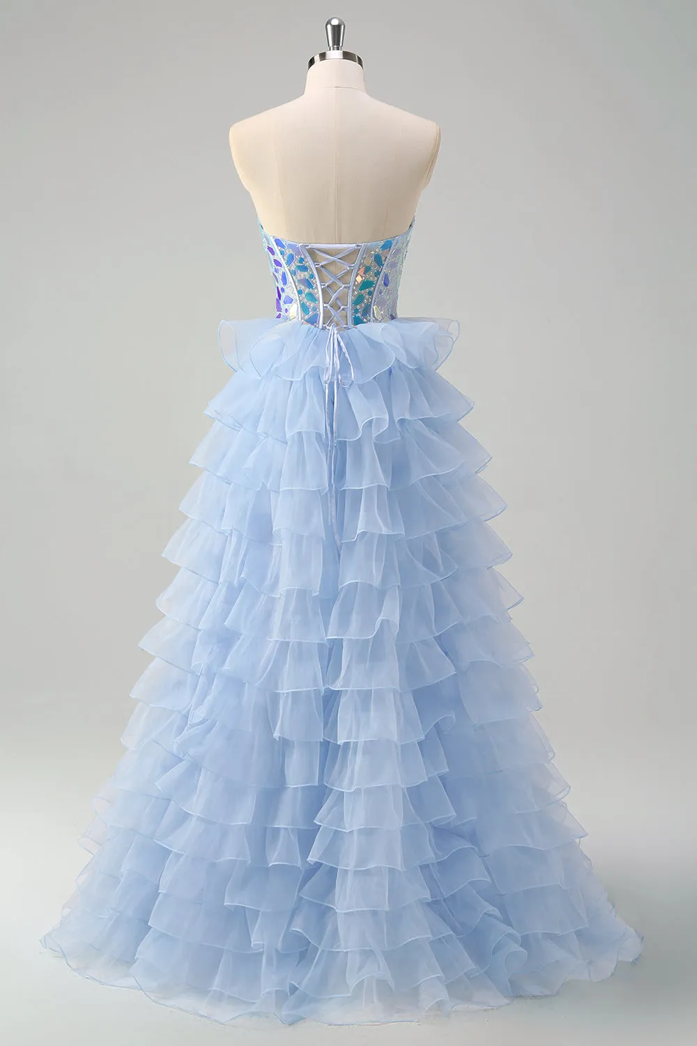 A Line Blue Tiered Tulle Corset Beading Mirror Strapless Prom Dress