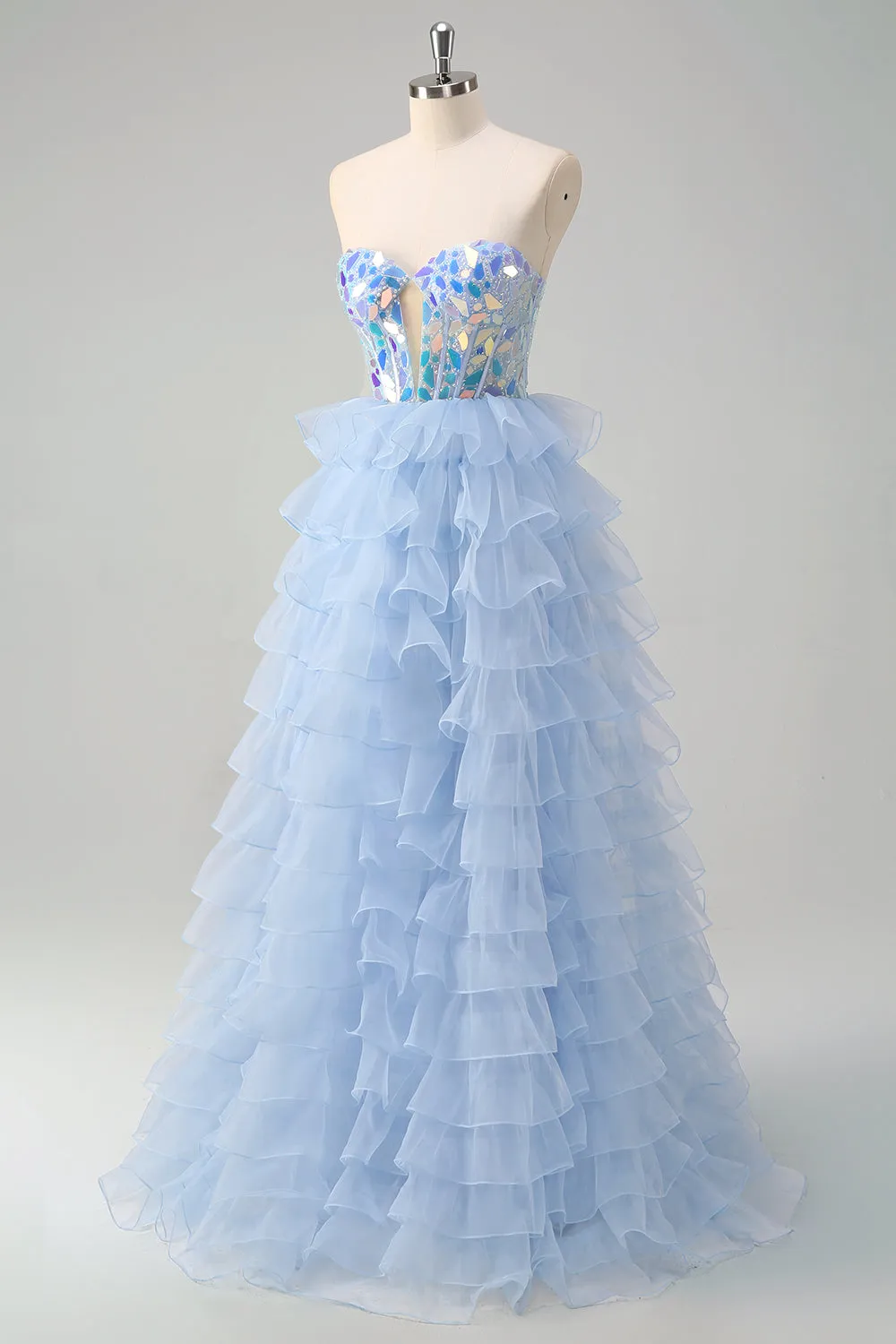 A Line Blue Tiered Tulle Corset Beading Mirror Strapless Prom Dress