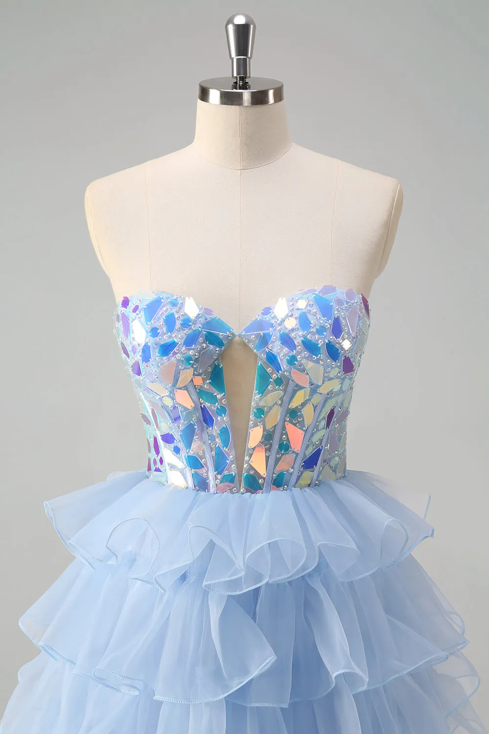 A Line Blue Tiered Tulle Corset Beading Mirror Strapless Prom Dress