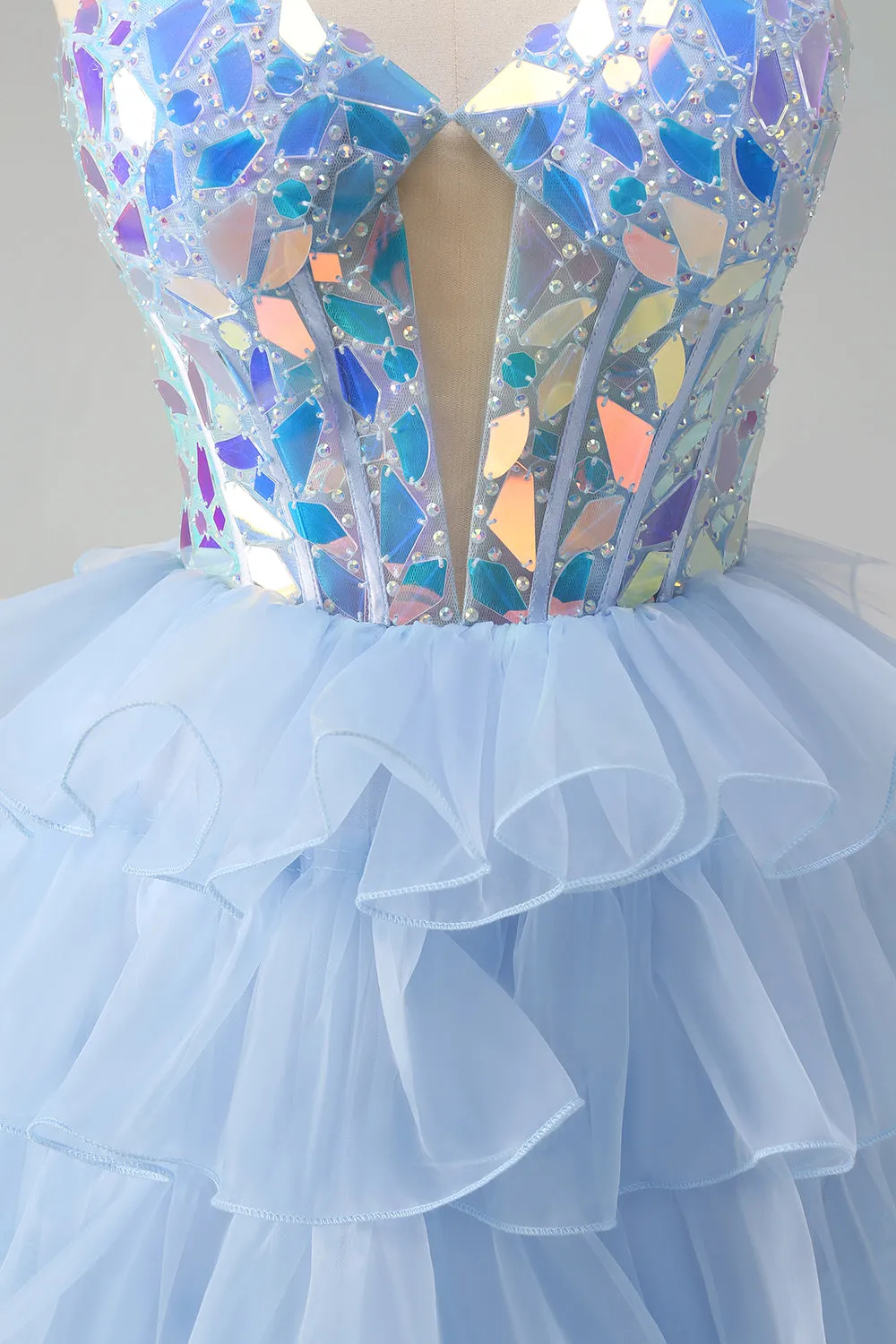 A Line Blue Tiered Tulle Corset Beading Mirror Strapless Prom Dress