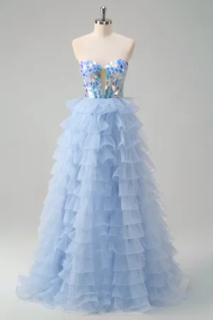 A Line Blue Tiered Tulle Corset Beading Mirror Strapless Prom Dress