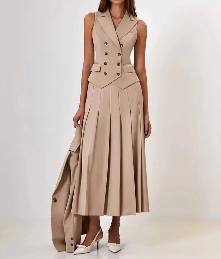 A&A Notched Elegant Collar Vest And Pleated Maxi Skirt Set