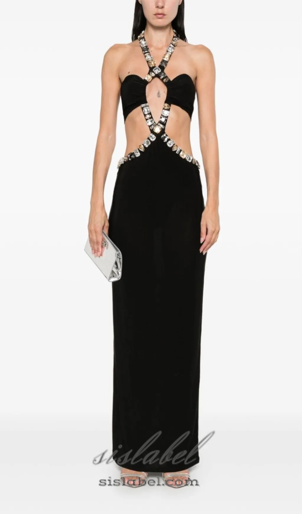 ADELA CRYSTAL EMBELLISHMENT HALTER NECK BLACK MAXI DRESS