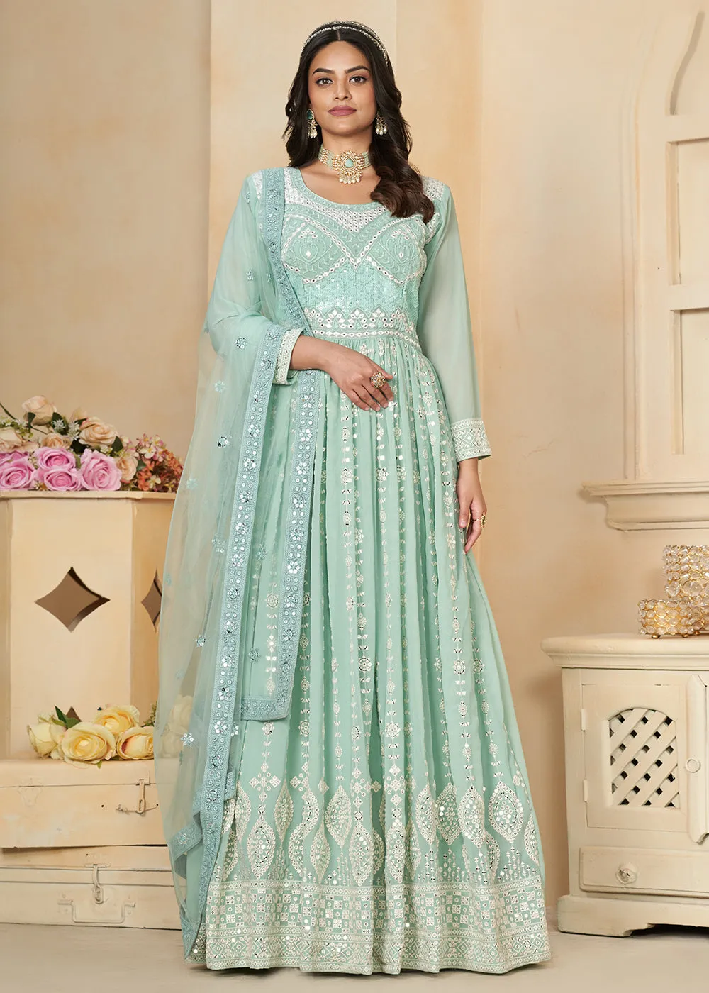 Aqua Blue Georgette Embroidered Wedding Anarkali Suit