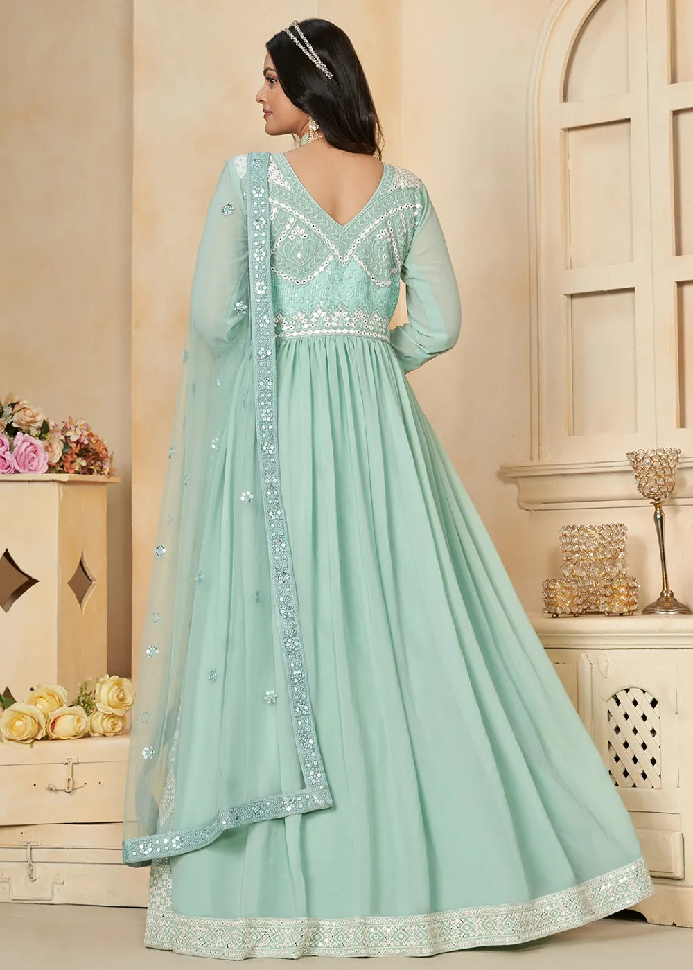 Aqua Blue Georgette Embroidered Wedding Anarkali Suit