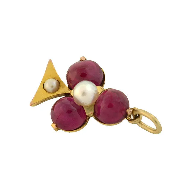 Art Nouveau Petite 15kt Burmese Ruby Pearl Trefoil Pendant