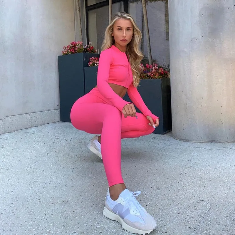 Autumn Winter 2 Two Piece Set Long Sleeve Crop Tops T shirt Leggings Pants Set Bodycon Sport Fitness Tracksuit