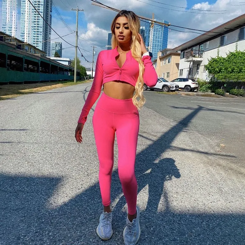 Autumn Winter 2 Two Piece Set Long Sleeve Crop Tops T shirt Leggings Pants Set Bodycon Sport Fitness Tracksuit