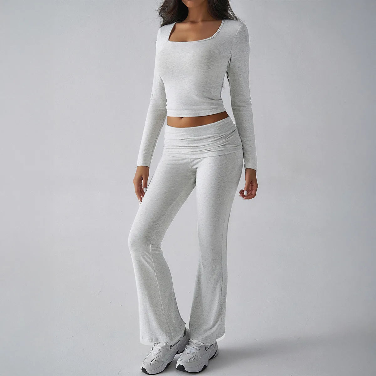 Autumn Winter Casual Slim U Neck Long Sleeved Top Bootcut Pants Women Suit