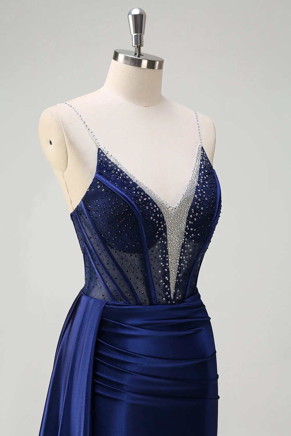 Beaded Corset Spaghetti Straps Mermaid Navy Prom Dress with Slit