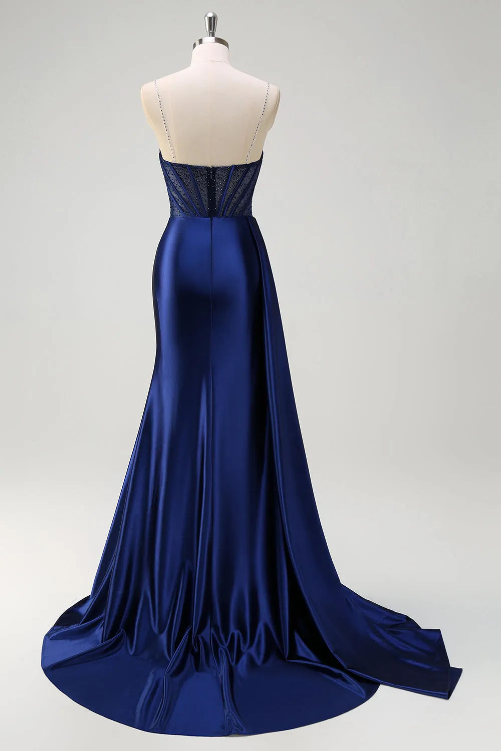 Beaded Corset Spaghetti Straps Mermaid Navy Prom Dress with Slit