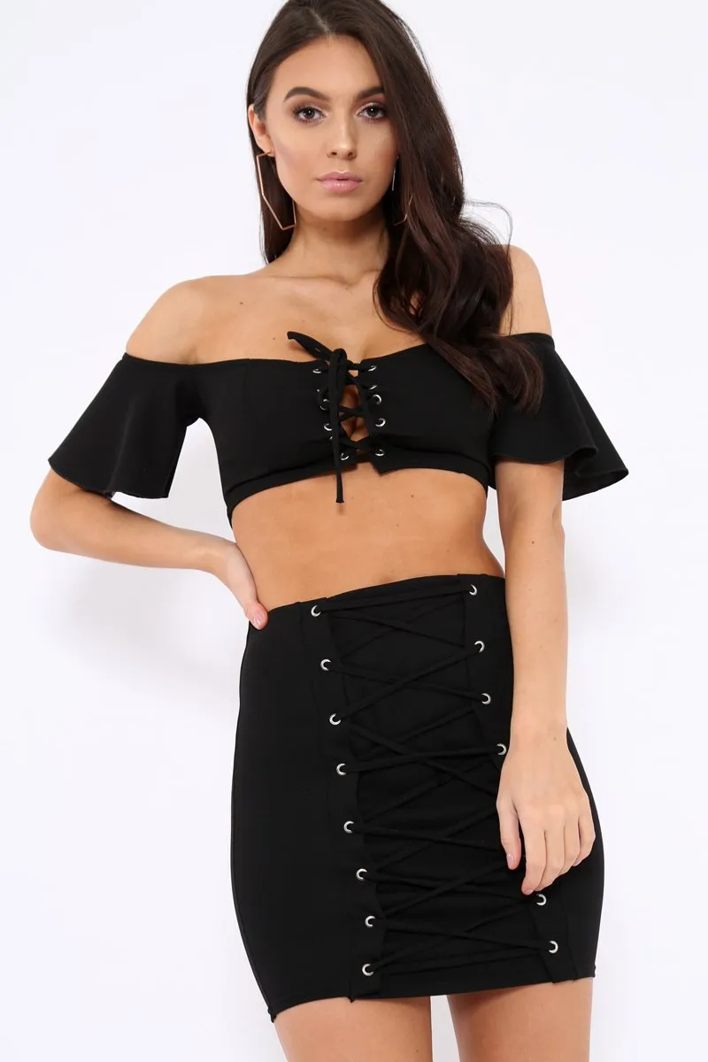 Black Lace Up Crop Top And Skirt Co-ord - Pixie