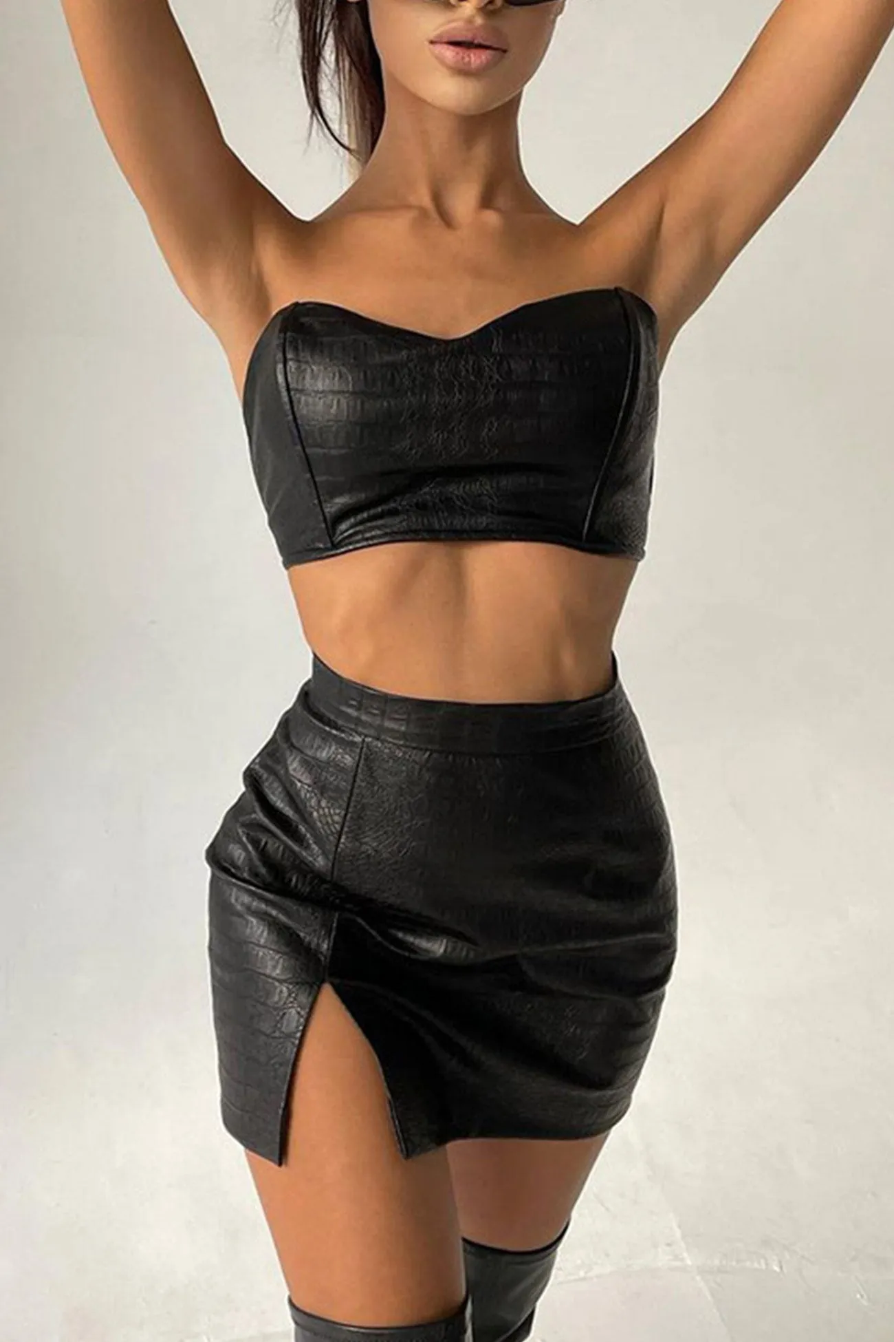 Black Leather Strapless Crop Top Slit Skirt Set