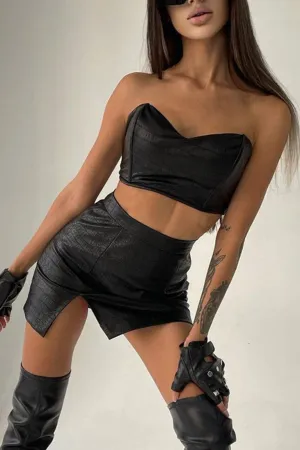 Black Leather Strapless Crop Top Slit Skirt Set