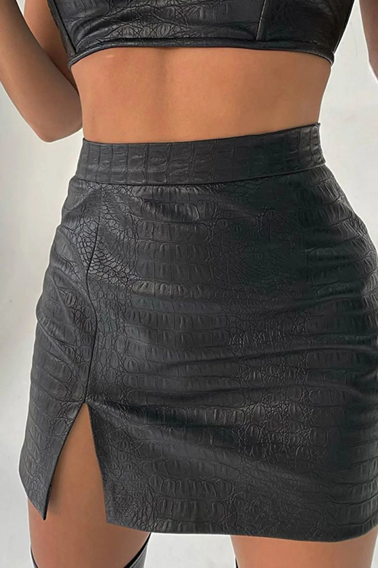 Black Leather Strapless Crop Top Slit Skirt Set