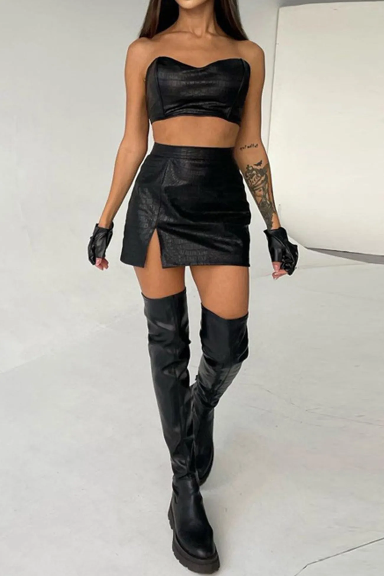 Black Leather Strapless Crop Top Slit Skirt Set