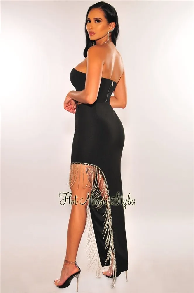 Black Padded Underwire Rhinestone Fringe Skirt Two Piece Set