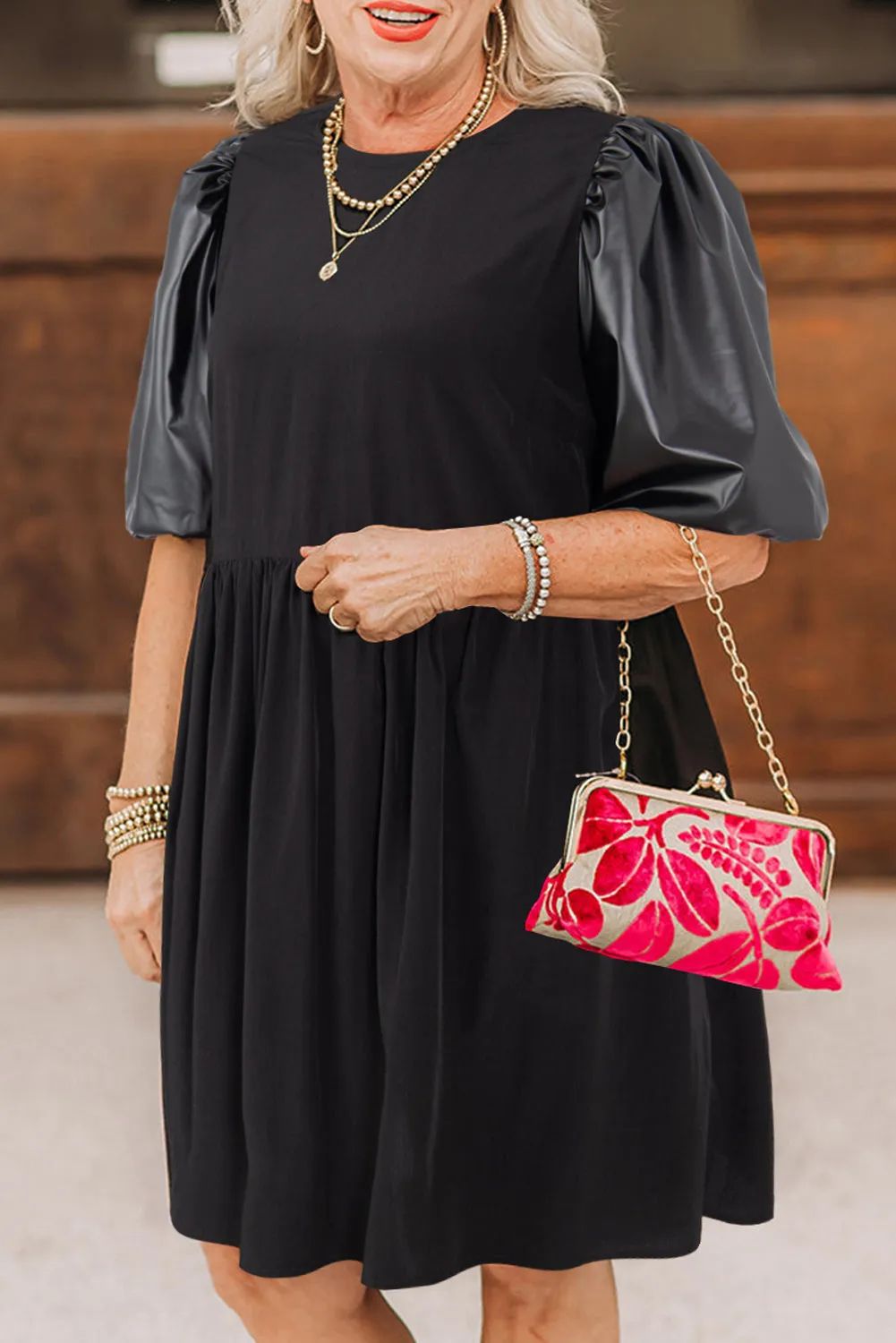 Black Plus Size Patchwork Half Puff Sleeve Swing Dress