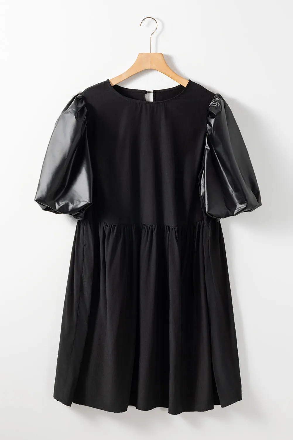 Black Plus Size Patchwork Half Puff Sleeve Swing Dress